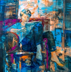 Lectura en sillón magenta - 100x100 cms.